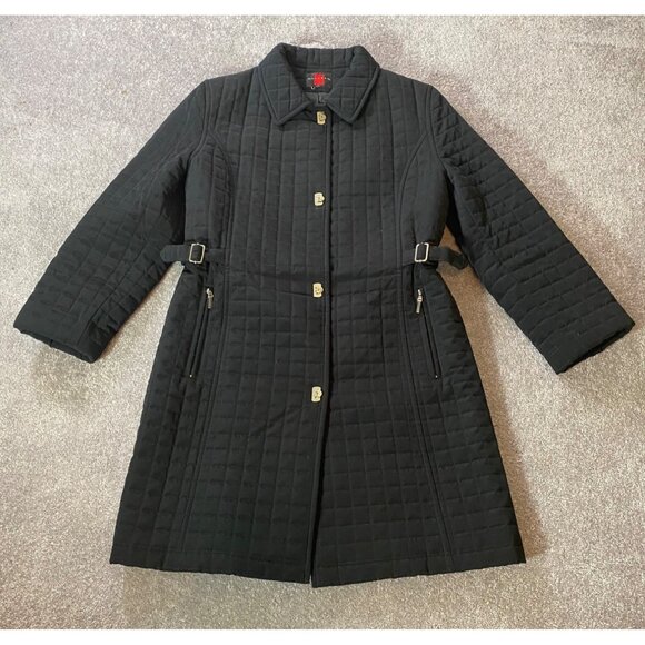 Gallery Quilted Black Jacket 36" Long Coat Belted Waist Medium - Picture 1 of 13